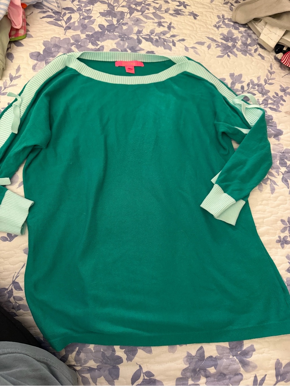 Lilly Pulitzer Teal Off-the-Shoulder Sweater with Mint Trim